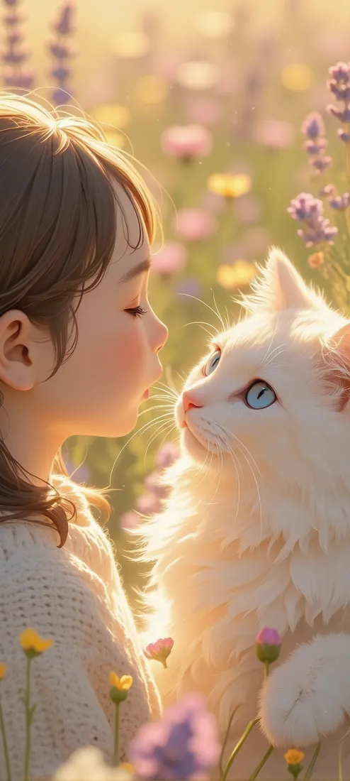 少女猫咪手机壁纸｜花海治愈背景图片 - 温馨互动「哲风壁纸」
