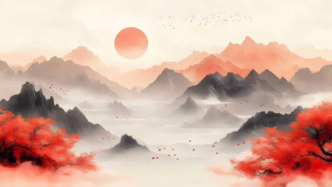 4k水墨山水壁纸｜国风意境背景图片 - 红日山峦「哲风壁纸」