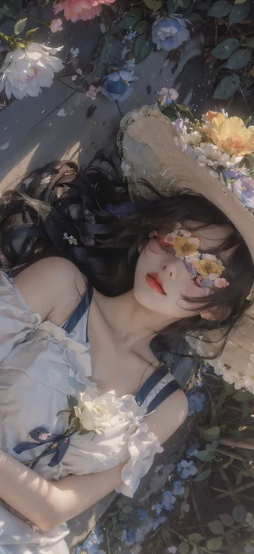 少女花海手机壁纸｜春日花卉背景图片 - 浪漫躺姿「哲风壁纸」