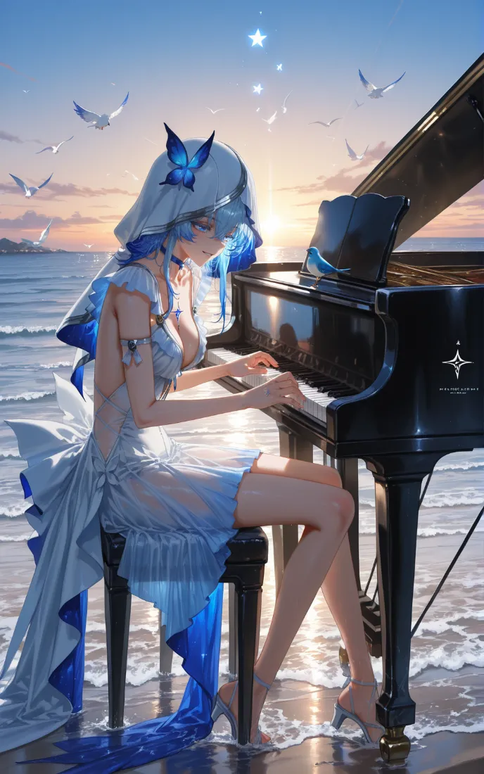 蝴蝶钢琴手机壁纸｜海边美女背景图片 - 星空「哲风壁纸」