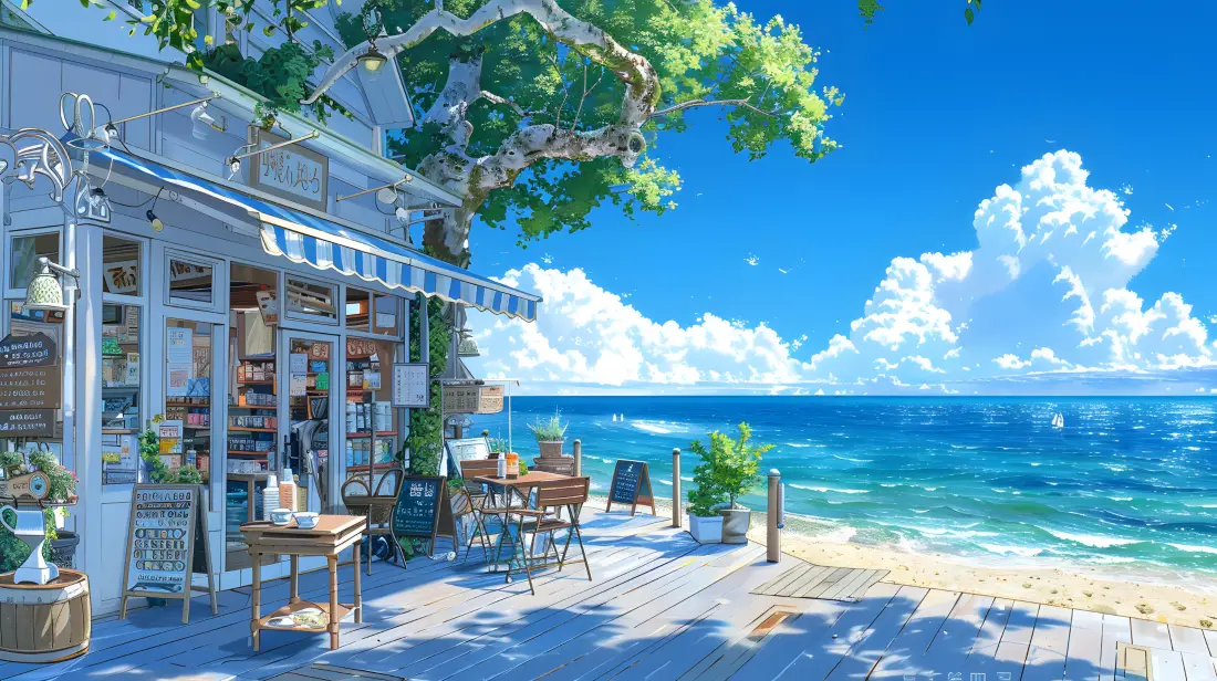 3k夏日海边小店壁纸｜清新海滨背景图片 - 遮阳绿树「哲风壁纸」