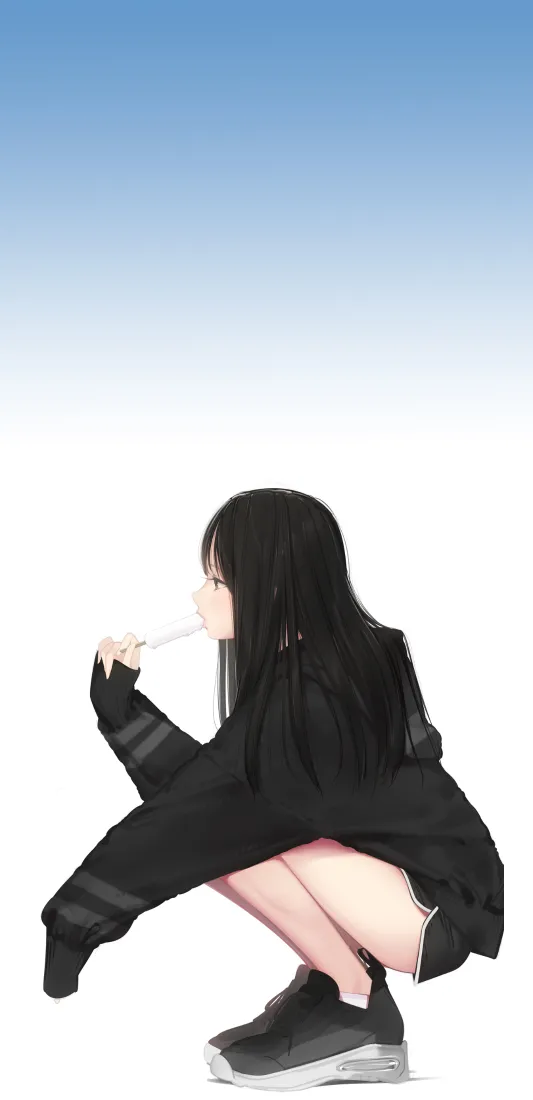 少女手机壁纸｜蓝天背景图片 - 可爱蹲姿「哲风壁纸」