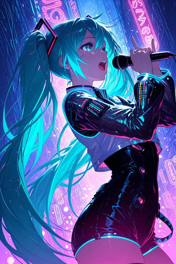 初音未来手机壁纸｜赛博朋克背景图片 - 舞台插画「哲风壁纸」
