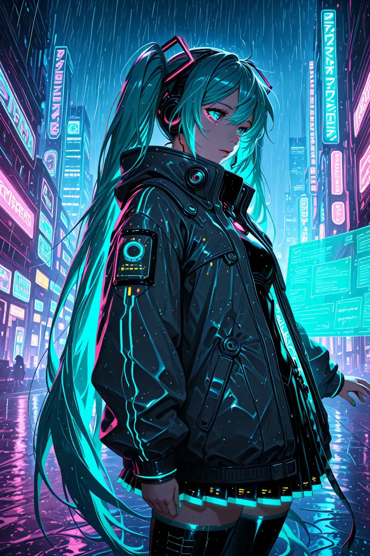 初音未来手机壁纸｜雨夜赛博城市背景图片 - 插画「哲风壁纸」