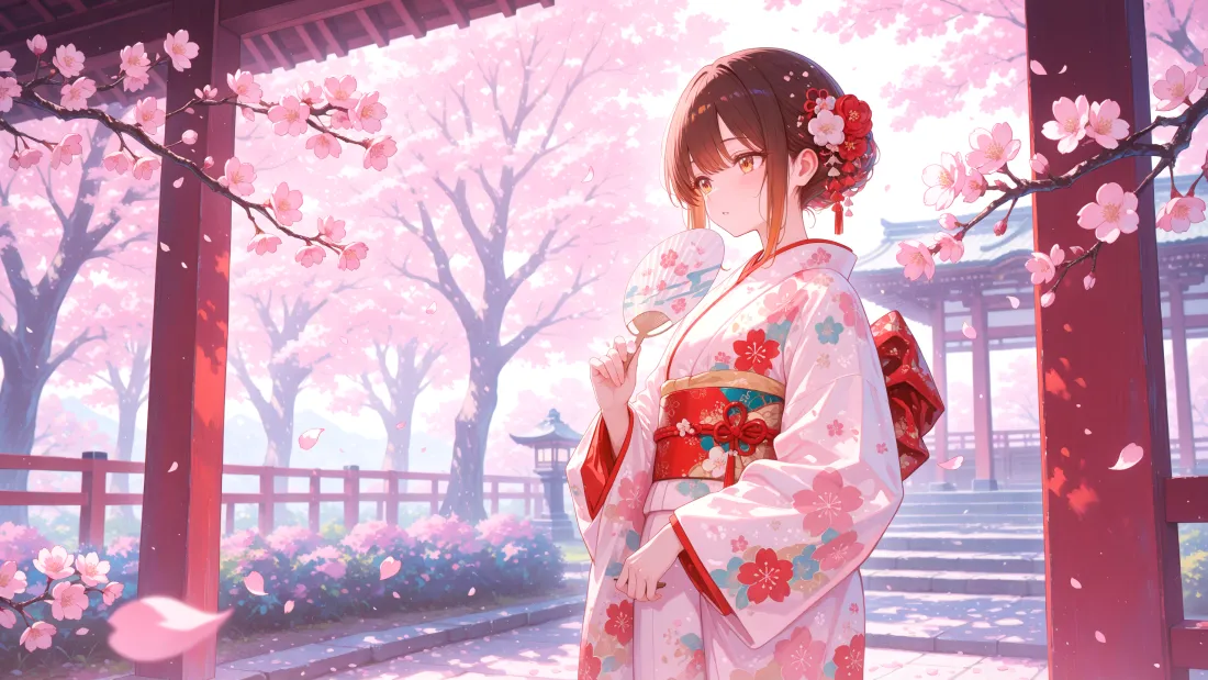 3k和服美女壁纸｜樱花背景图片 - 凉亭漫步「哲风壁纸」