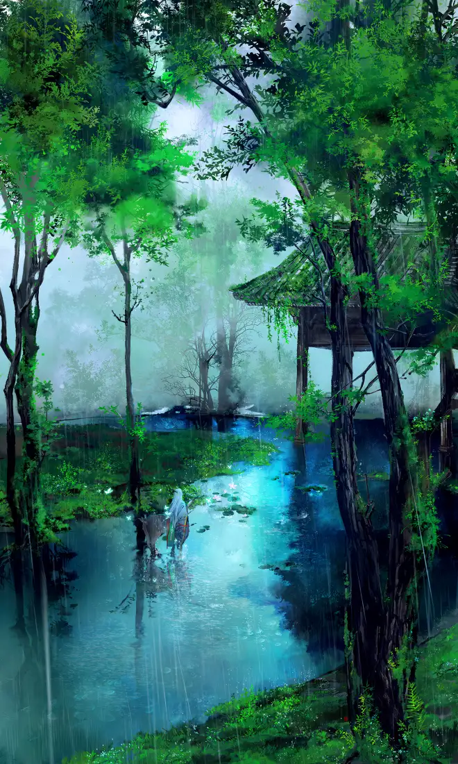 (森林溪流手机壁纸｜古风小屋背景图片 - 游戏同人)「哲风壁纸」