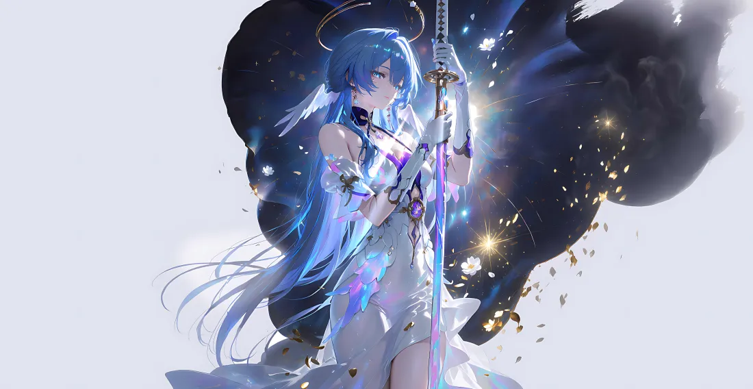 4k蓝发少女壁纸｜持剑星辰背景图片 - 插画「哲风壁纸」