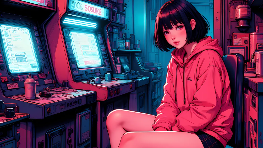 2k赛博女孩壁纸｜复古游戏厅背景图片 - 高饱和插画「哲风壁纸」