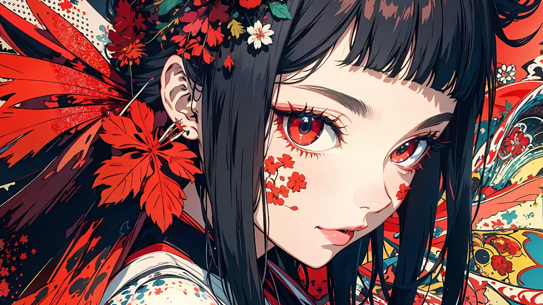 2k和风女孩壁纸｜红叶插画背景图片 - 红瞳少女「哲风壁纸」