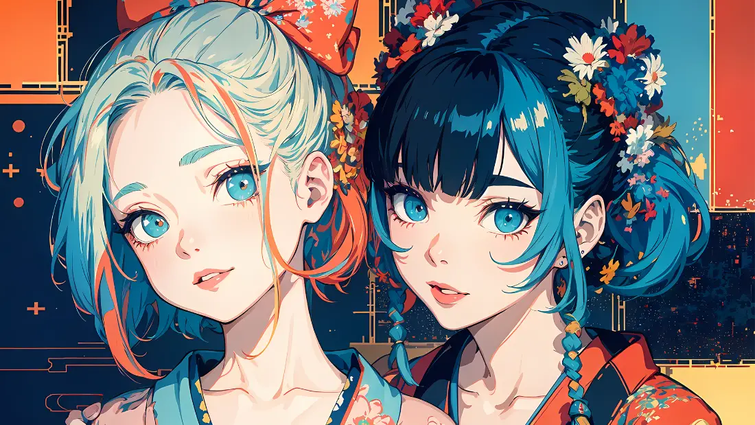 2k双生女插画｜日系和服背景图片 - 闺蜜「哲风壁纸」