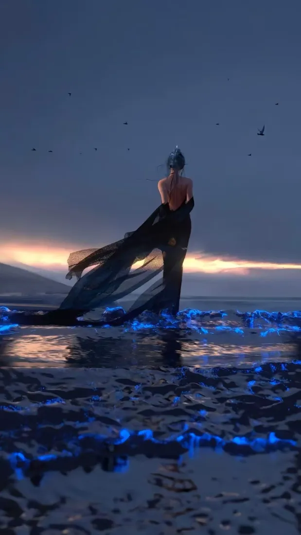 水边美女手机壁纸｜黄昏倒影背景 - 飘逸长裙「哲风壁纸」