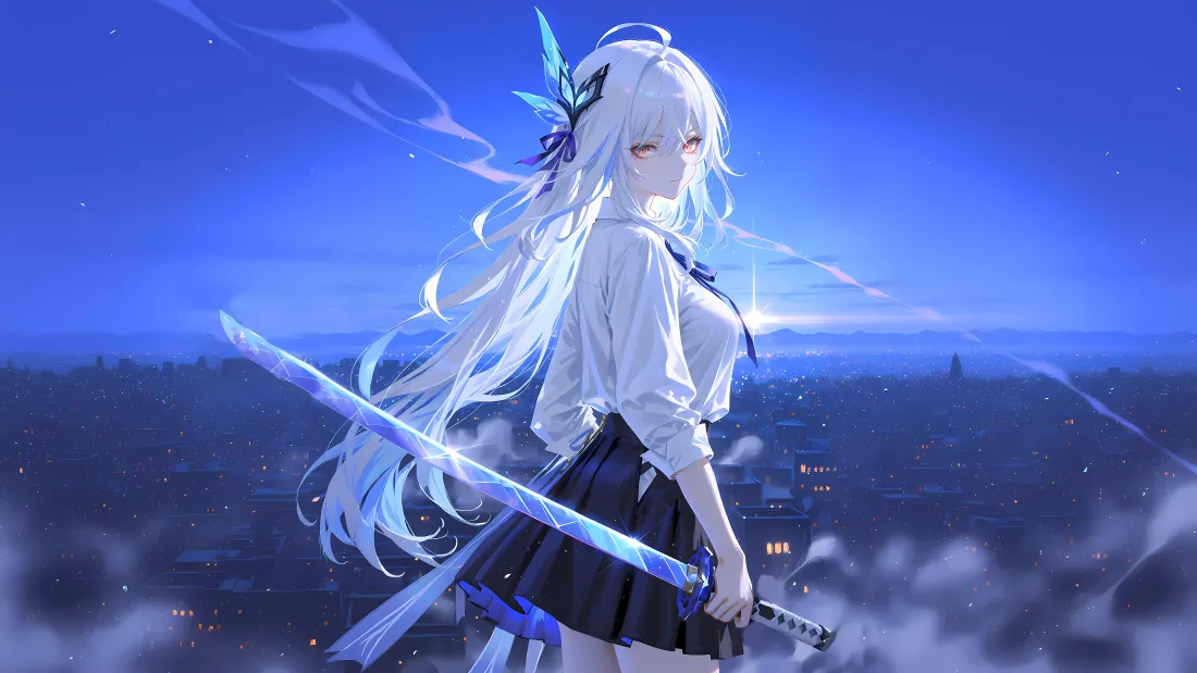 4k白发少女壁纸｜云海城市背景图片 - 持剑「哲风壁纸」