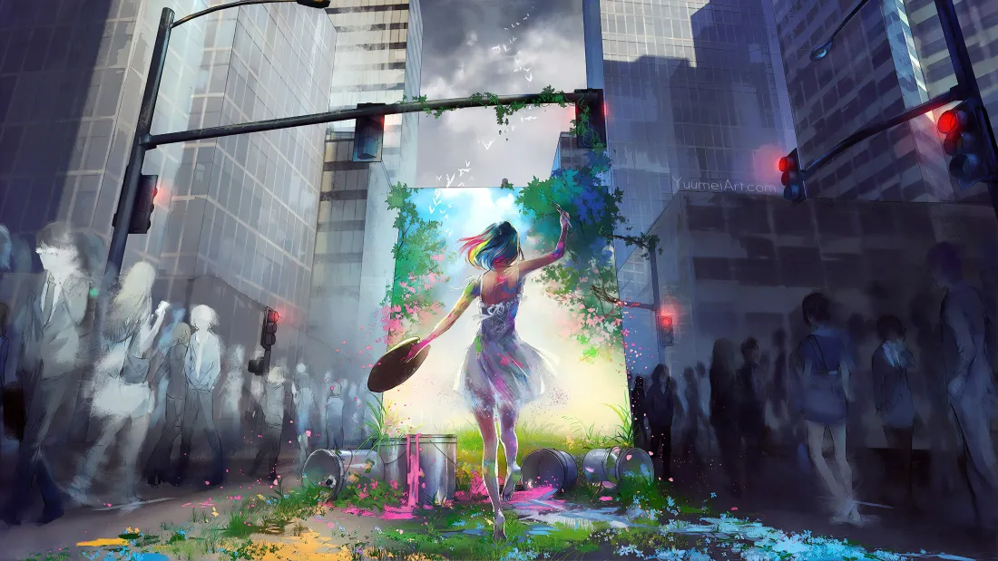 4k少女插画｜城市废墟背景图片 - 奇幻之门「哲风壁纸」