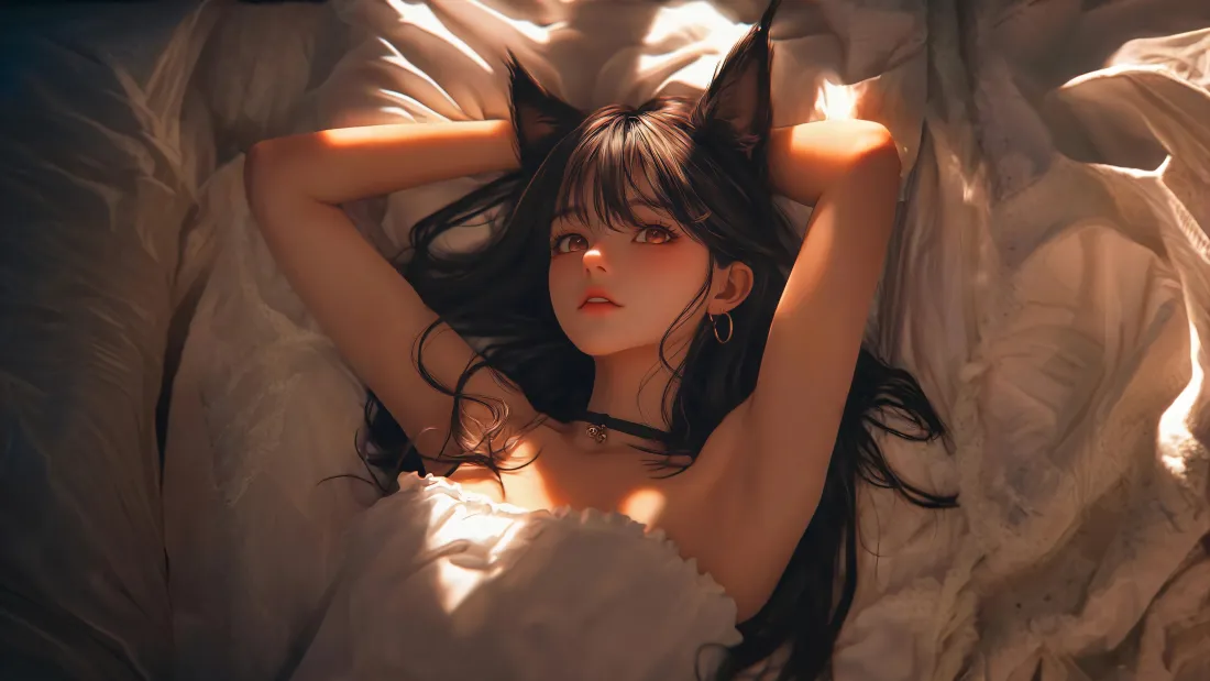 4k猫耳女孩壁纸｜柔光背景图片 - 卧床「哲风壁纸」