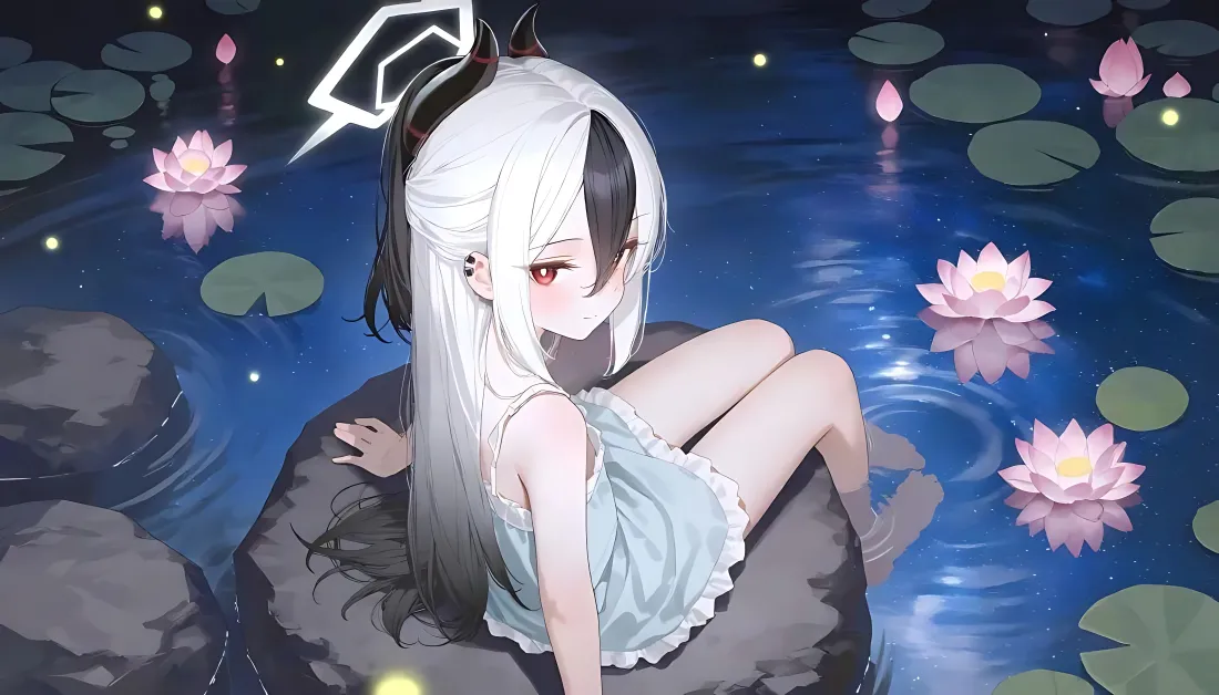 4k白发少女壁纸｜荷花背景图片 - 夜晚「哲风壁纸」