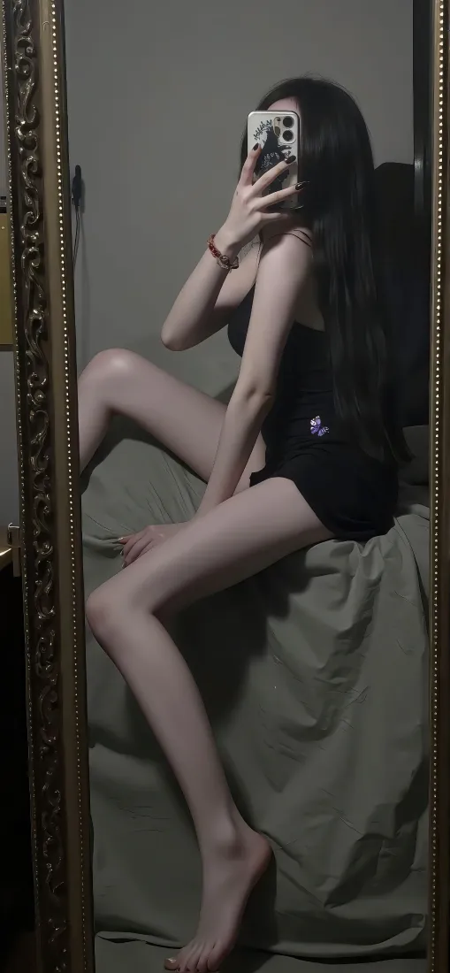 黑衣美女手机壁纸｜镜子自拍背景图片 - 室内「哲风壁纸」