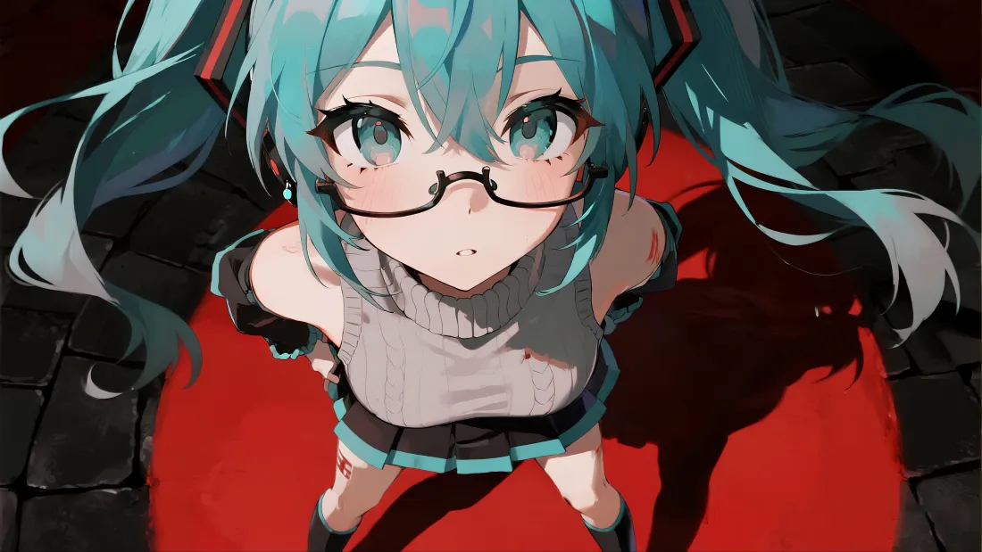 3k初音壁纸｜红黑背景图片 - 蓝发眼镜「哲风壁纸」
