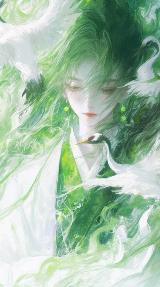 绿色长发少女手机壁纸｜植物羽毛背景图片 - 清新动漫「哲风壁纸」