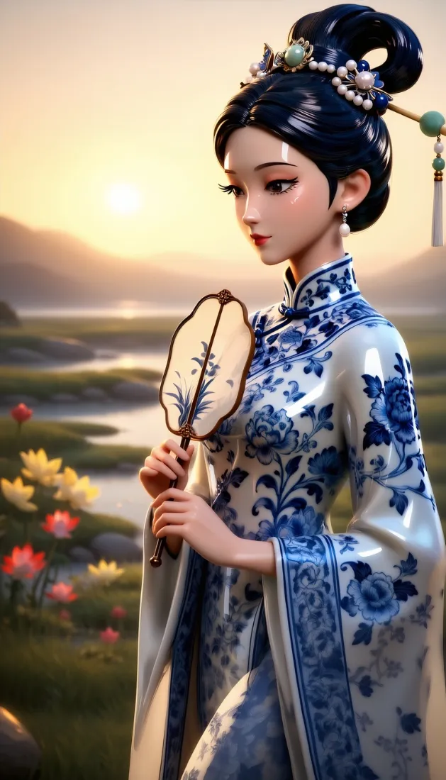青花瓷美少女手机壁纸｜山水背景图片 - 古风「哲风壁纸」