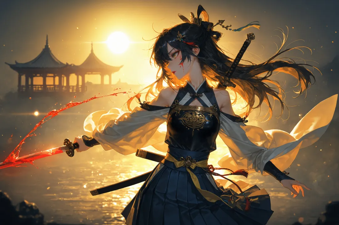 3k古风女侠壁纸｜夕阳剑背景图片 - 亭台「哲风壁纸」