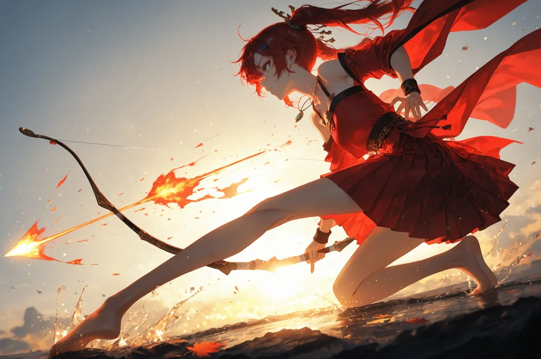3k红衣女侠壁纸｜弓箭火焰背景图片 - 夕阳「哲风壁纸」