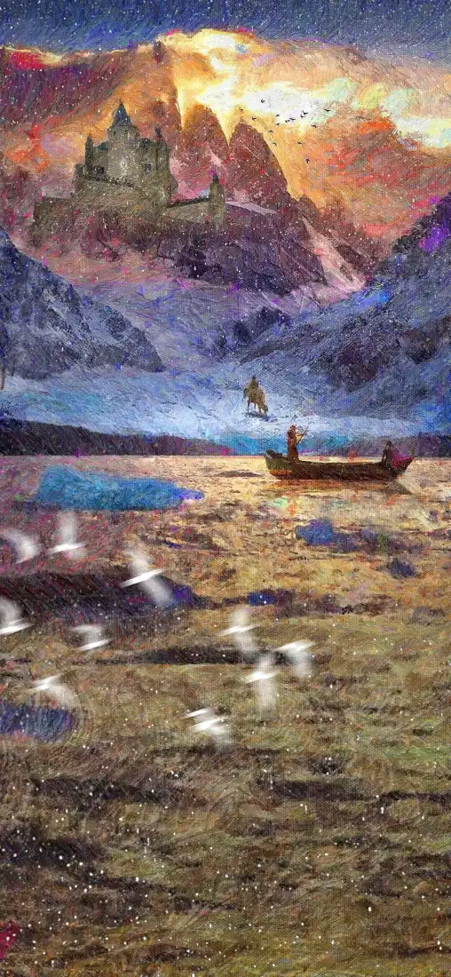 奇幻城堡手绘风景手机壁纸｜湖泊小船背景 - 飞鸟「哲风壁纸」
