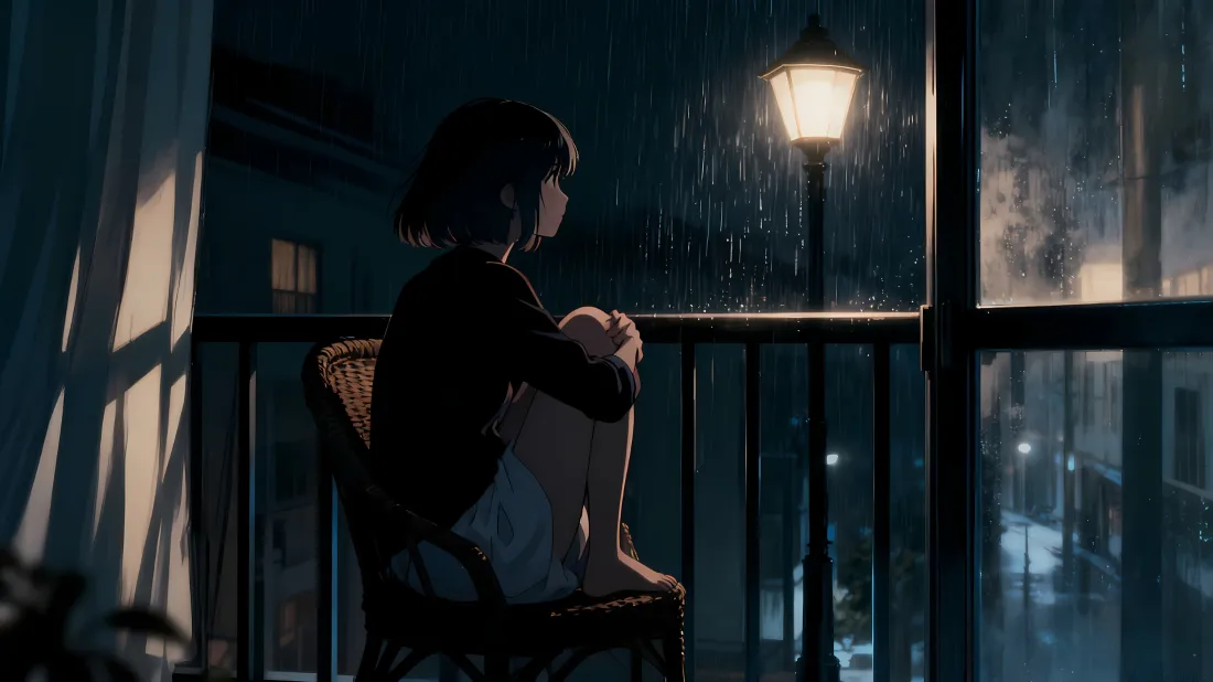 3k思考的女孩雨夜壁纸｜窗外雨天 - 路灯窗台「哲风壁纸」