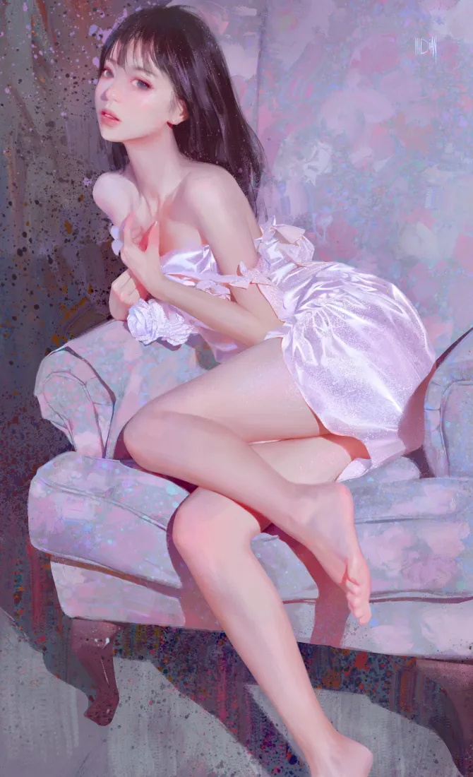 徐尤点丝绸裙沙发手机壁纸｜迷人美女 - 赤脚「哲风壁纸」