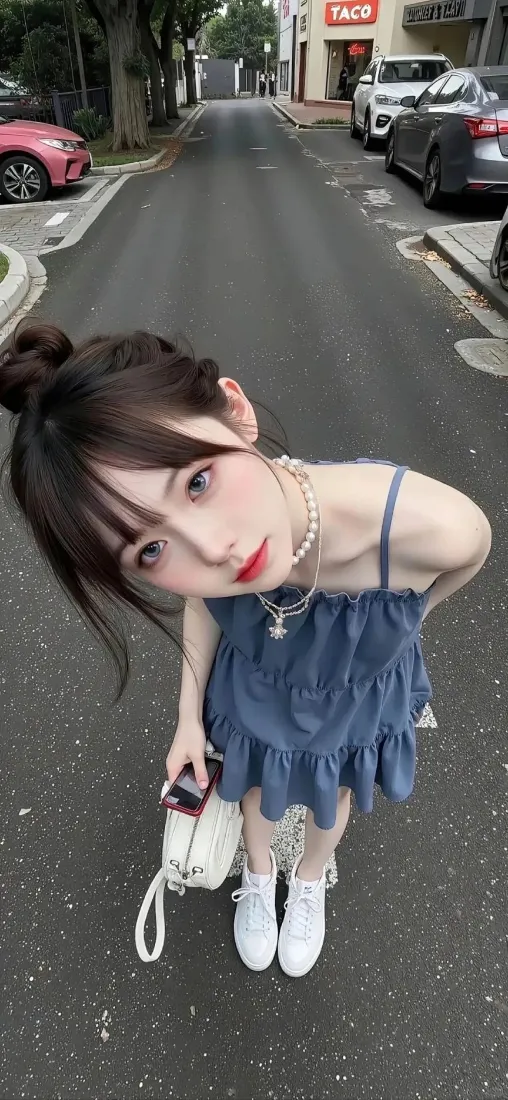 蓝衣美女手机壁纸｜街头背景 - 清新可爱「哲风壁纸」