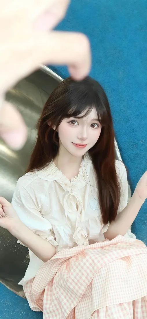 长发美女手机壁纸｜蓝色背景 - 清新裙装「哲风壁纸」