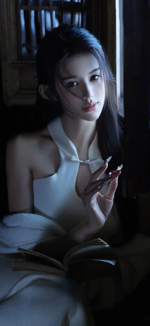 白衣美女手机壁纸｜暗调室内背景 - 手机高清「哲风壁纸」