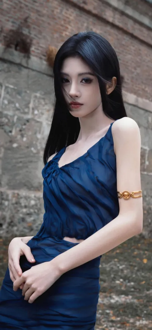 蓝衣美女手机壁纸｜砖墙背景 - 时尚穿搭「哲风壁纸」