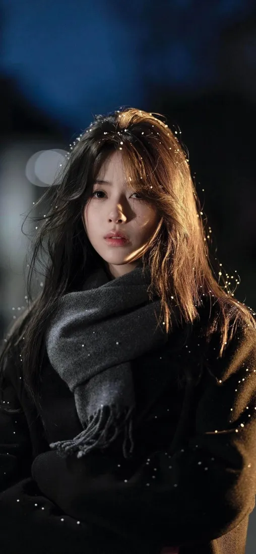 黑衣灰围巾美女手机壁纸｜夜景雪花 - 高清「哲风壁纸」