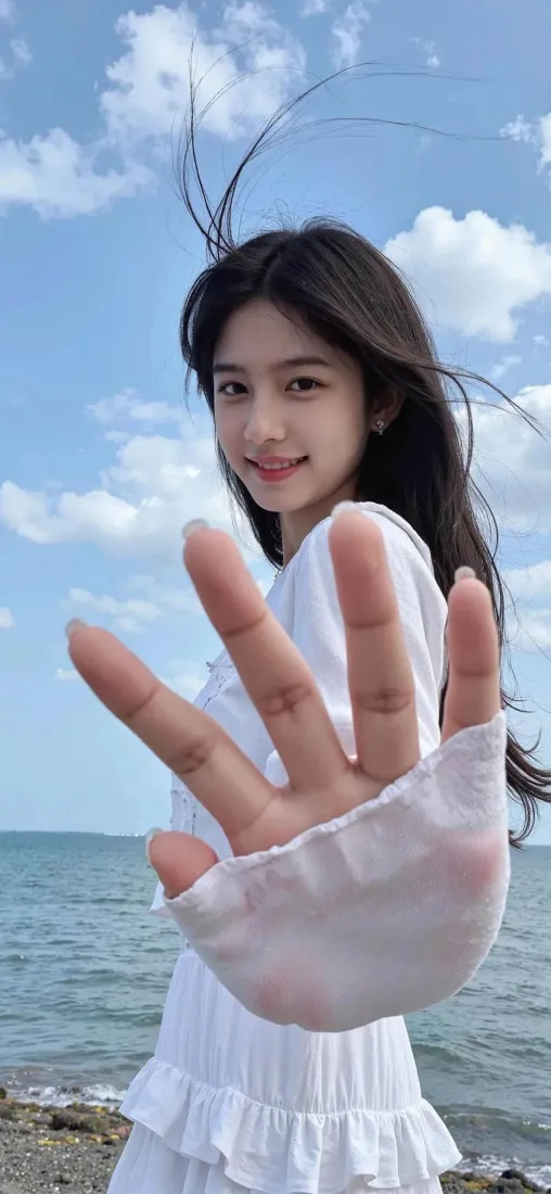 白衣美女海边手机壁纸｜蓝天背景 - 清新「哲风壁纸」
