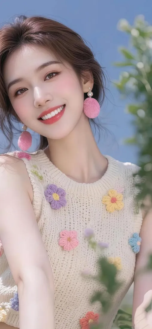 花朵针织衫美女手机壁纸｜户外清新背景 - 粉色耳环「哲风壁纸」