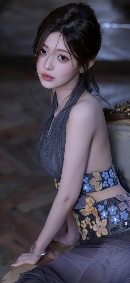 古风美女手机壁纸｜暗调背景 - 露背花纹裙「哲风壁纸」