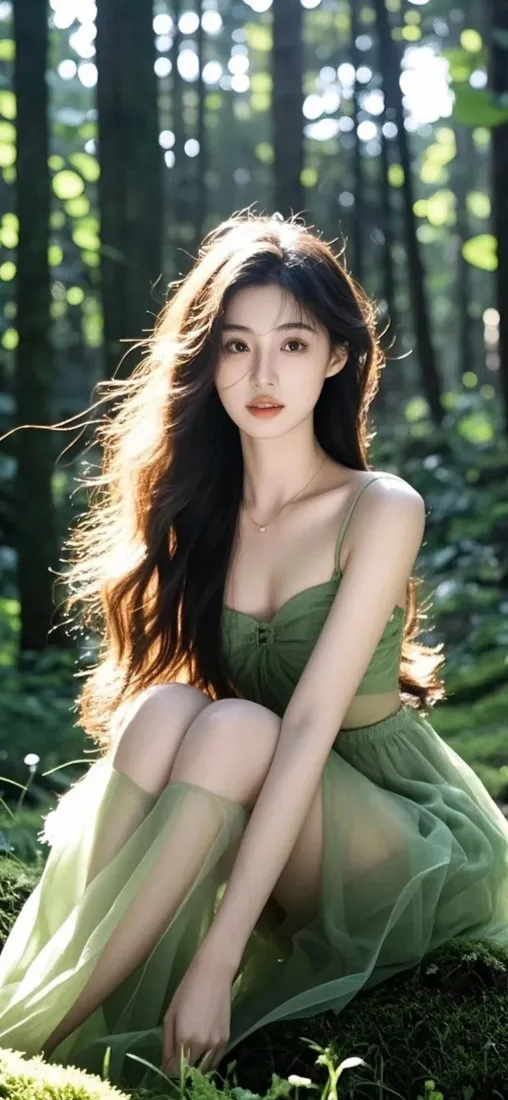 绿裙美女森林手机壁纸｜清新自然背景图「哲风壁纸」