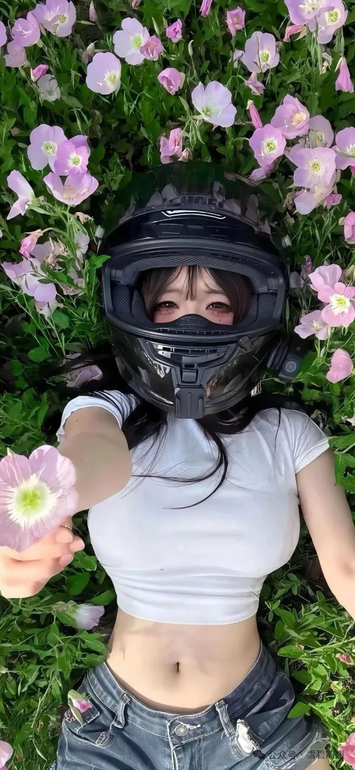 头盔美女手机壁纸｜草地花朵背景 - 清新户外「哲风壁纸」