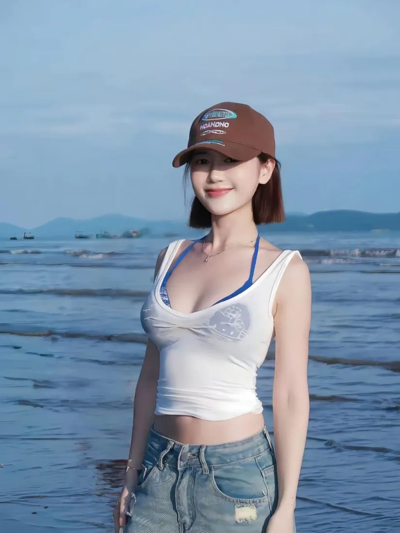 海边美女手机壁纸｜海滩背景图片 - 白衣牛仔短裤「哲风壁纸」