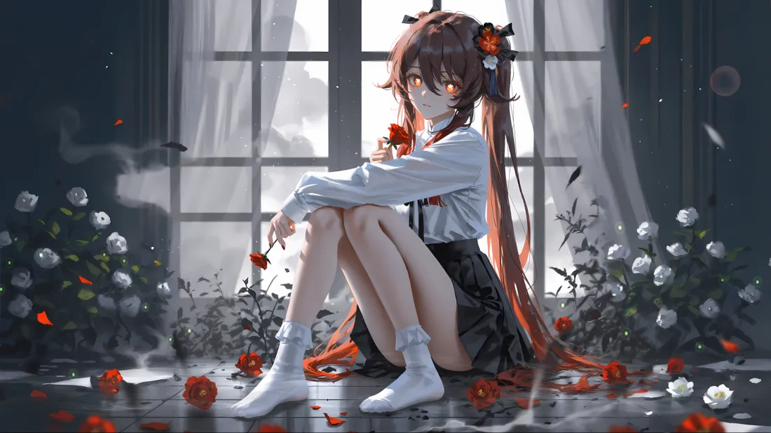 3k长发动漫女孩壁纸｜玫瑰窗景 - 白衣黑裙「哲风壁纸」