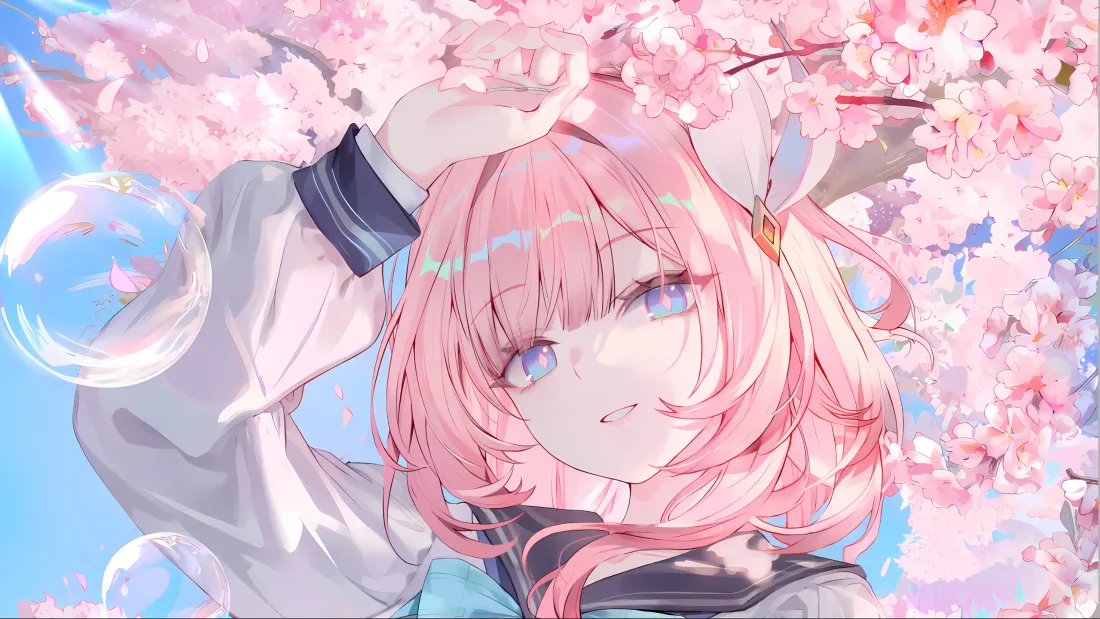 3k粉色头发动漫少女壁纸｜樱花背景 - 春日「哲风壁纸」