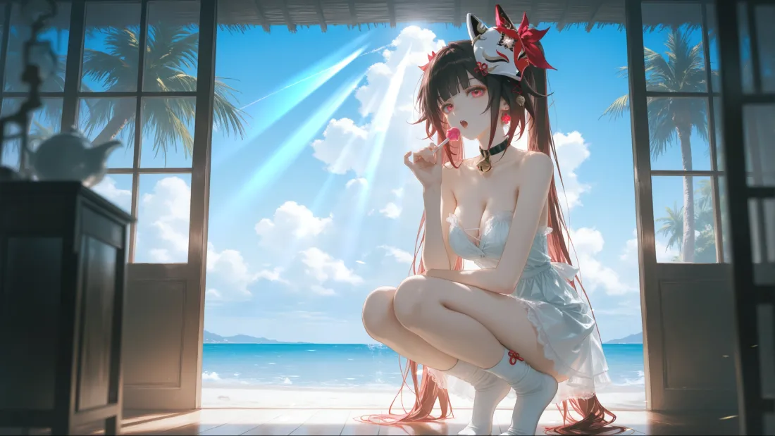 3k动漫美女壁纸｜海边沙滩背景 - 泳装长发「哲风壁纸」