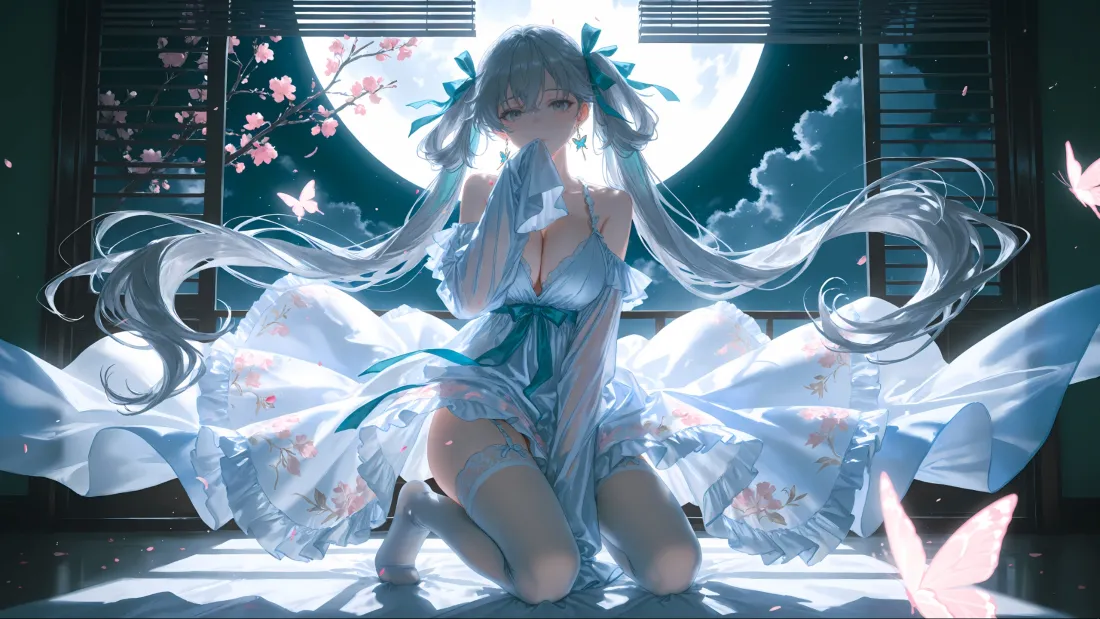 3k动漫美女壁纸｜月夜樱花 - 蝴蝶「哲风壁纸」