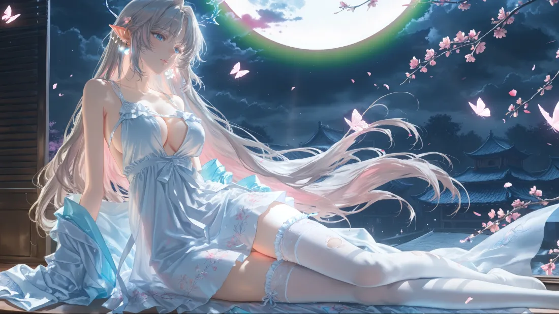 3k蓝裙动漫美女壁纸｜月夜樱花 - 长发白袜「哲风壁纸」