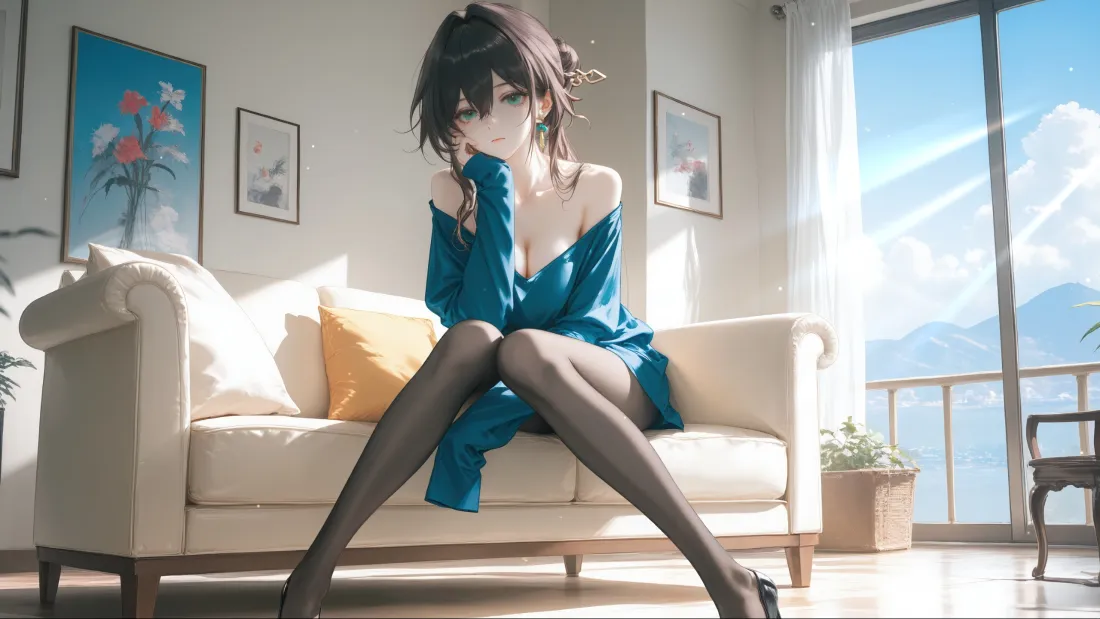 3k蓝衣动漫美女壁纸｜室内沙发背景 - 黑丝「哲风壁纸」