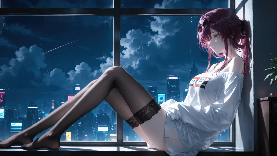 3k红发动漫美女壁纸｜城市夜景 - 黑丝白衣「哲风壁纸」
