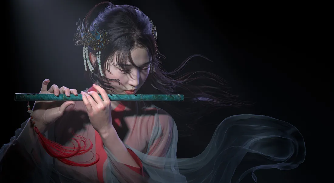 3k古风少女吹笛壁纸｜暗色背景 - 汉服飘带「哲风壁纸」