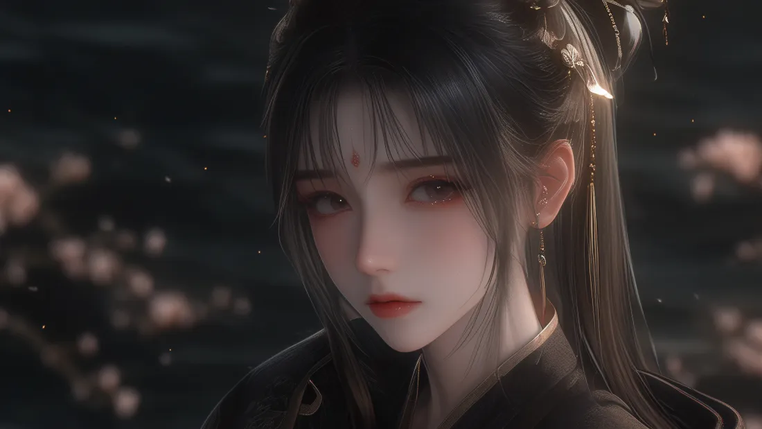 4k古风美女壁纸｜黑衣古韵背景 - 花瓣「哲风壁纸」