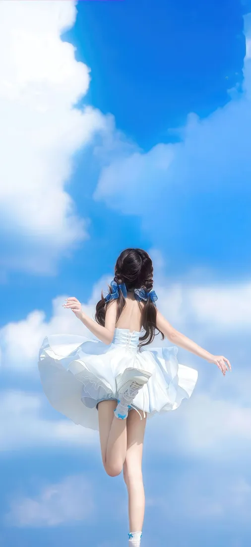 白裙女孩蓝天手机壁纸｜白云背景 - 清新奔跑「哲风壁纸」