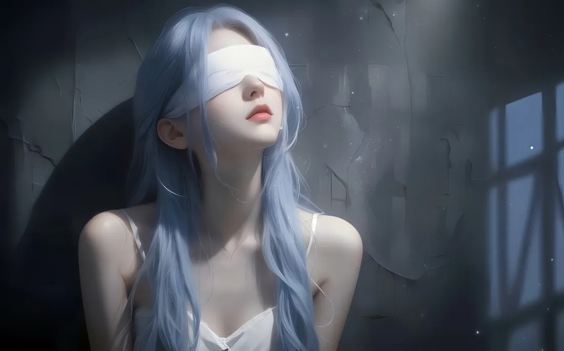 5k蓝发蒙面美女壁纸｜昏暗背景 - 白衣「哲风壁纸」